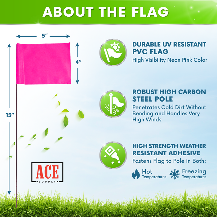 ACE Supply Marking Flags - 4 x 5-Inch Flag on 15-Inch Steel Wire – Neon Pink, 1,000-Pack