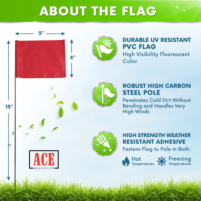 ACE Supply Marking Flags - 4 x 5-Inch Flag on 15-Inch Steel Wire - Red, 1,000-Pack