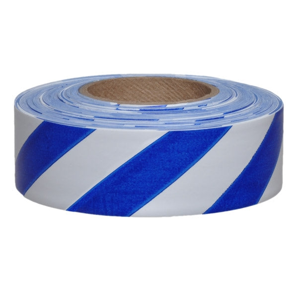 Presco Striped Flagging Tape - White/Blue - 1 3/16" x 300' - 2 Mil - 12 Roll Pack