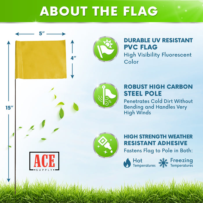 ACE Supply Marking Flags - 4 x 5-Inch Flag on 15-Inch Steel Wire - Fluorescent Yellow, 1,000-Pack