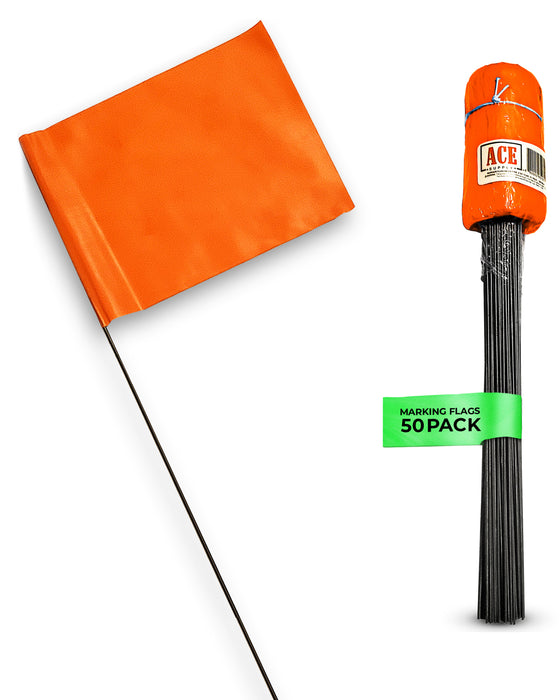 ACE Supply Marking Flags - 4 x 5-Inch Flag on 15-Inch Steel Wire - Fluorescent Orange, 50-Pack