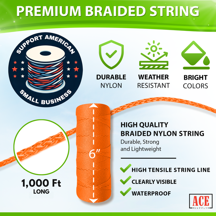 Orange Mason Line String Line - #18 Braided Nylon String - 1,000 Ft Length