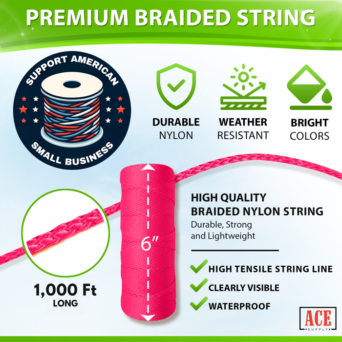 Pink Mason Line String Line - #18 Braided Nylon String - 1,000 Ft Length