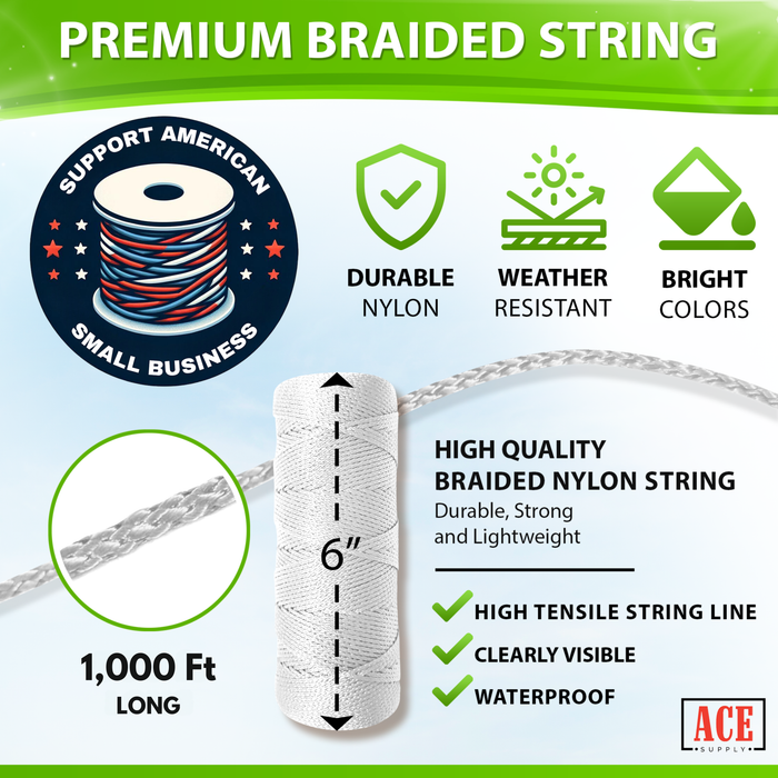 Bright White Mason Line String Line - #18 Braided Nylon String - 1,000 Ft Length